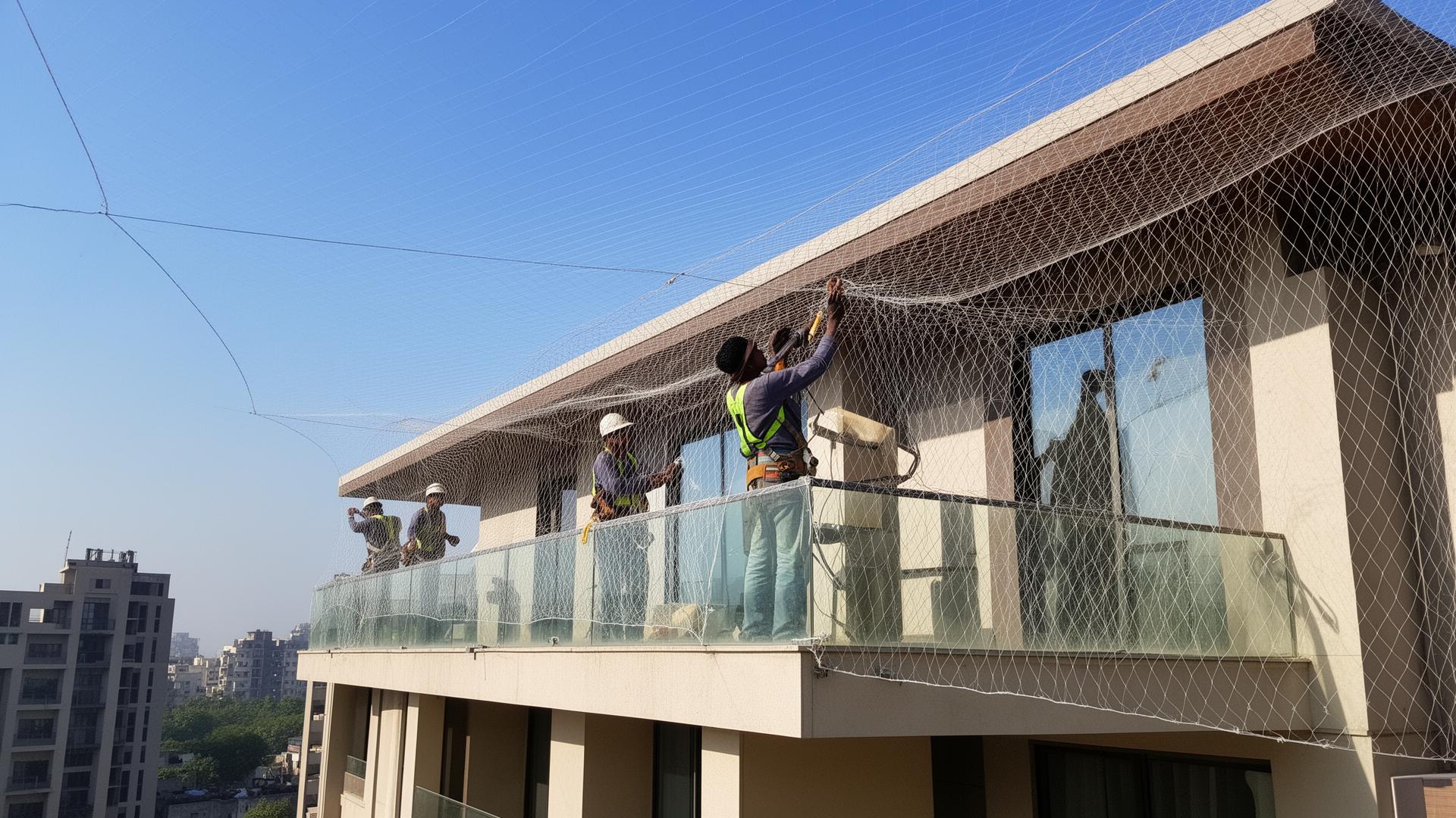 Professional anti bird net installation on a Delhi apartment balcony